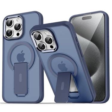 Imagem de Capa magnética translúcida fosca original com suporte para iPhone 15, 14, 13, 12, 11 Pro Max, com suporte para celular e carregador sem fio (para iPhone 12 Pro/azul escuro)