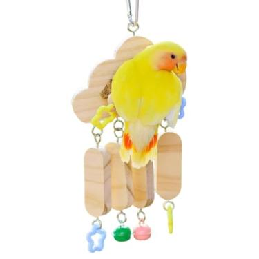 Imagem de Brinquedos para mastigar pássaros, brinquedos de mastigar pendurados de madeira natural com estrelas coloridas de acrílico e sinos de anel, acessórios de gaiola de aviário para papagaios, periquitos