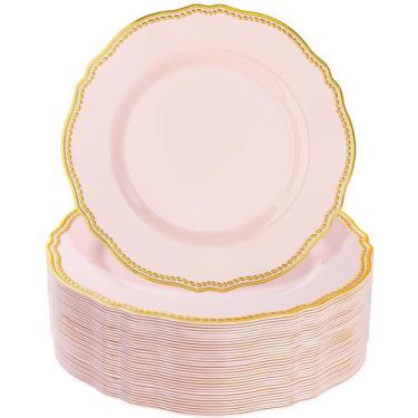 Imagem de Pratos de sobremesa de plástico Hioasis Pink com borda dourada 7,5 pol