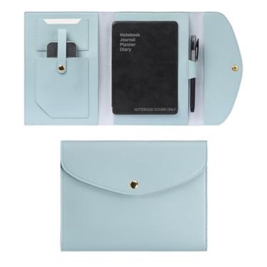 Imagem de Aulmscn A5 Capa de couro para notebook, capa planejadora com suporte para caneta, compartimentos para cartões, botão seguro, capa organizadora (21,8 x 17,3 cm) para cartões de visita, diário