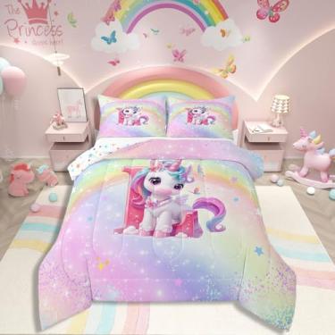 Imagem de Jogo de cama casal de unicórnio arco-íris, roxo, monograma, alfabeto, G, para decoração de quarto de todas as estações, adorável colcha gradiente com glitter, rosa