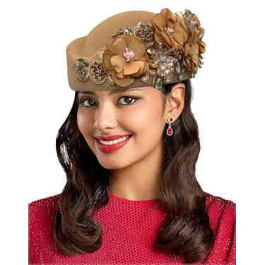 Imagem de ORIDOOR Chapéu feminino de feltro americano e britânico igreja Derby casamento chá festa cristal decoração boina chapéu boina, 01 cáqui, tamanho �nico