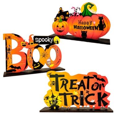 Imagem de MEMOVAN 3pcs Happy Halloween Table Decorations, Trick or Treat Pumpkin Boo Spooky Table Centerpieces Sign Halloween Ornaments for Halloween Party Supplies Room Office Home Table Topper Decoration