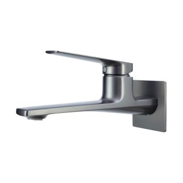 Imagem de Torneira de banheiro moderna de montagem na parede – cinza bronze escovado, alça única de latão sólido com aerador flip (2 modos de fluxo), válvula áspera para instalação oculta