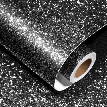 Imagem de Decotalk Papel de parede com glitter de 899 x 45 cm, papel de parede com glitter preto para paredes, papel de parede removível com lantejoulas brilhantes, papel de contato autoadesivo para artesanato