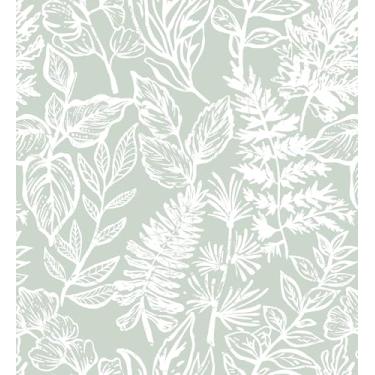 Imagem de Safiyya Papel de parede de contato com folhas florais verdes e brancas descasque e cole 43,9 cm x 500,4 cm Papel de parede autoadesivo removível para quarto, banheiro, rolo de vinil