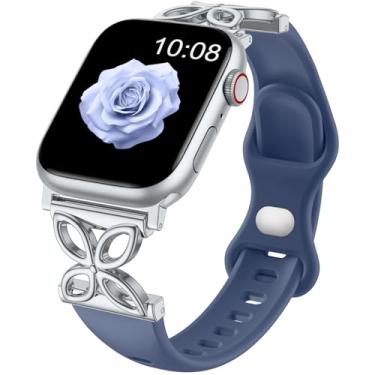 Imagem de IMIVIO Pulseira feminina de silicone para Apple Watch séries 10, 9, 8, 7, 6, 5, 4, 3, 2, 1 e Ultra2 1 de 40 mm, 44 mm, 38 mm, 41 mm, 42 mm, 45 mm, 46 mm, 49 mm, SE, Ultra2 1 (azul marinho)