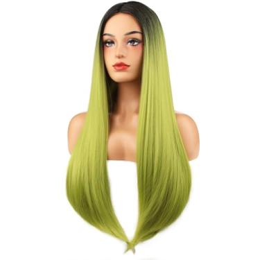 Imagem de BERON Peruca longa ombré verde para mulheres, meninas lisas, pretas, ombré, cor verde, fantasia de cabelo, peruca sintética resistente ao calor para cosplay ou uso diário
