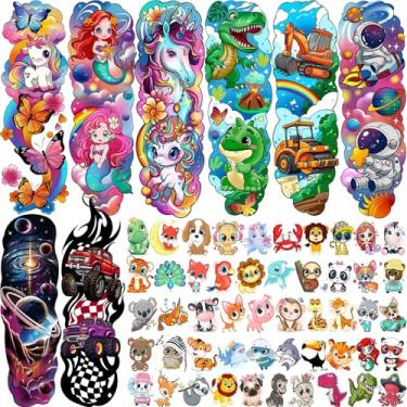 Imagem de 58 peças de tatuagem temporária de unicórnio de desenho animado para crianças, meninas, meninos, animais de braço inteiro, dinossauro, carro, caminhão, monstro, borboleta, corpo de borboleta, rosto