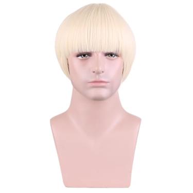 Imagem de MAGQOO Peruca de cogumelo curta masculina anos 60 anos 80 corte tigela perucas velho filme festa Halloween vetor fantasia anime peruca (loiro claro)