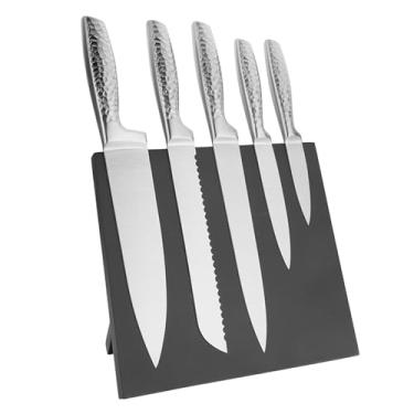 Imagem de Conjunto de facas de cozinha, conjunto de 6 peças de blocos de facas revestidas de titânio prata com bloco magnético de madeira, conjunto de facas afiadas de aço inoxidável antiaderente e