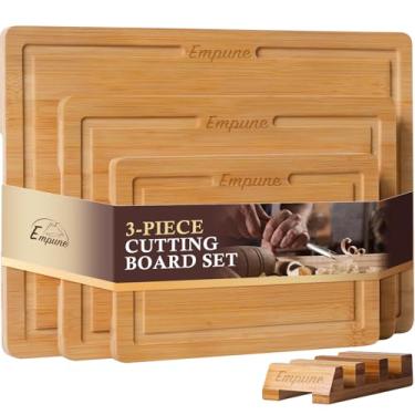Imagem de Empune Conjunto de tábua de corte de bambu, tábuas de corte de madeira para cozinha com suporte, tábua de cortar de madeira para preparação e servir refeições, bambu natural