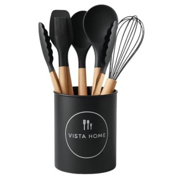 Imagem de Conjunto De 6 Utensílios De Cozinha Em Silicone Antiderente E Cabo De Madeira Resistente Ao Calor Com Alças Sem BPA E 1 Pote Para Guardar Utensílios (Preto)