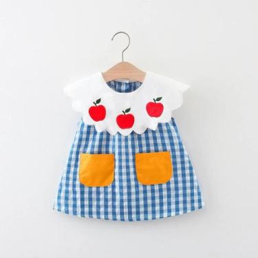 Imagem de Vestido Infantil de Algodão Xadrez com Gola Bebê - Azul - Moda Verão, 