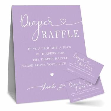Imagem de Kit de jogo de sorteio de fraldas roxo minimalista para chá de bebê, 1 placa de pé e 50 ingressos de fraldas, decorações para chá de bebê, revelação de gênero, gênero neutro, anúncio de bebê