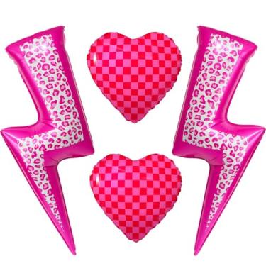 Imagem de Conjunto de balões de alumínio com raio de leopardo rosa e rosa fúcsia xadrez, decorações de festa de rock e amor para aniversário, dia dos namorados, despedida de solteira, tema estrela do rock