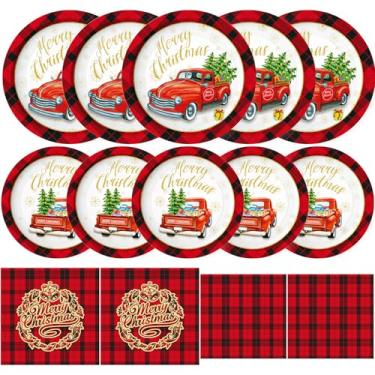 Imagem de Tbsone Pratos e guardanapos de papel de Natal descartáveis - design xadrez búfalo vermelho e preto, louça de festa de Natal para decorações de férias, serve 50 convidados