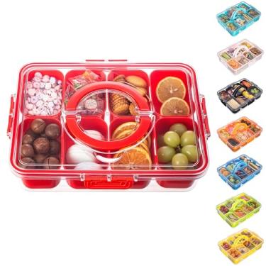 Imagem de Bandeja de servir dividida com tampa e alça – recipiente de charcutaria para lanche portátil organizador de pratos para doces, frutas, nozes, lanches – perfeito para festas, entretenimento, vermelho