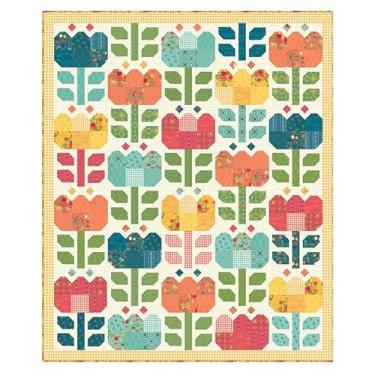 Imagem de Kit de colcha Riley Blake Tulip Festival – Padrão e tecido por Heather Peterson da Anka's Treasures – Coleção First Blooms – 172 cm x 210 cm Top de colcha com acabamento