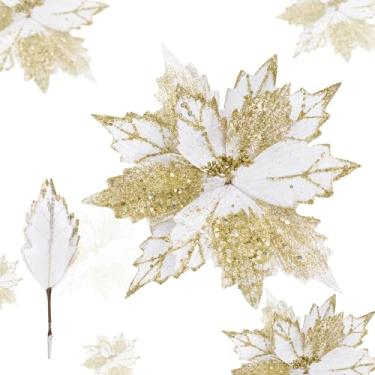 Imagem de U'Artlines 12 peças de flores artificiais de Natal grandes com clipes, flores de poinsétia branca com glitter de 25,4 cm, decorações de Natal para árvore de Natal, Ano Novo, enfeites de festa de