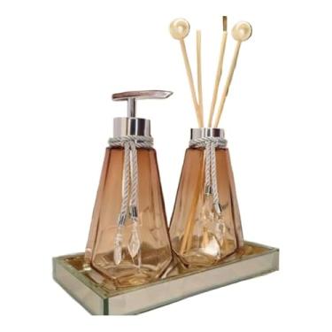 Imagem de Kit Lavabo Em Vidro 300mlcom Bandeja - Conjunto Decorativo Para Banheiro, EscritóRio Ou Casa Nova, Design Sofisticado(Ambar Degrade C/Dourado,Com Bandeja)