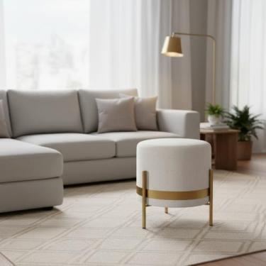 Imagem de Puff STEEL Redondo Tecido Bouclé Cor Bege Base Metal Dourada