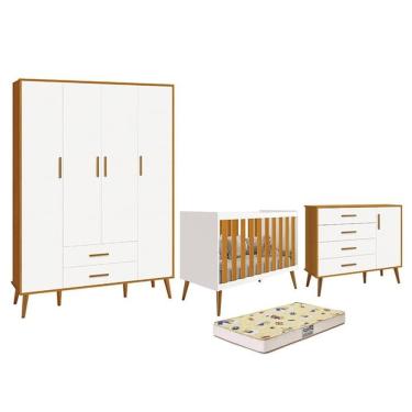 Imagem de Dormitório Infantil Isis Guarda Roupa 4 Portas, Cômoda 1 Porta e Berço Branco/Savana com Colchão D18