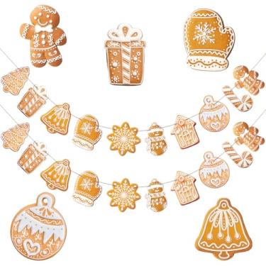 Imagem de Weysat Pacote com 2 decorações de pão de gengibre de Natal com tema de pão de gengibre faixa de madeira enfeites de árvore para pendurar faixa de estamparia de Natal para festa, feriado, parede