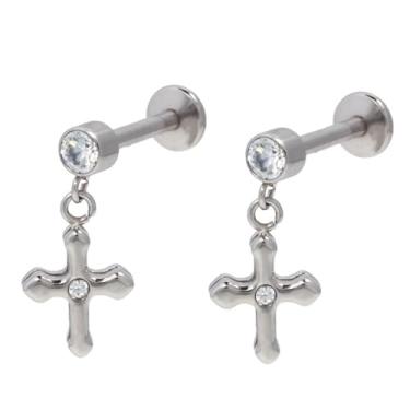 Imagem de Niaspi Brincos pendentes de cruz de cristal 16G para mulheres e homens, aço inoxidável, strass, cruz, costas planas, brincos de rosca interna, hélice, concha, piercing de orelha