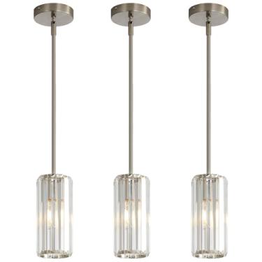Imagem de Luminárias pendentes modernas para ilha de cozinha, 1 luz de níquel escovado lustre de cristal luxuoso. Lustres pendentes pequenos para sala de jantar, hall de entrada e corredor, pacote com 3 E26