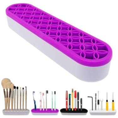 Imagem de GDFYMI Suporte de pincéis de maquiagem de silicone, roxo, organizador de pincéis de maquiagem, para pintura, canetas, cortadores de unhas, régua, ferramentas de artesanato