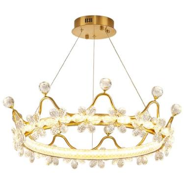 Imagem de Lustre de cristal dourado para quarto infantil, coroa de princesa, lustre rosa para meninas, redondo, regulável, luminária pendente de LED, grande luz de teto para quarto infantil, sala de e