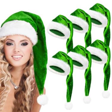 Imagem de zzhxkjhky Pacote com 6 chapéus de veludo longo de Natal chapéu de veludo de Papai Noel chapéu de pelúcia longo de luxo para homem e mulher festa de família de Natal, decoração de Natal para chapéu de Papai Noel de luxo colorido (6, verde)
