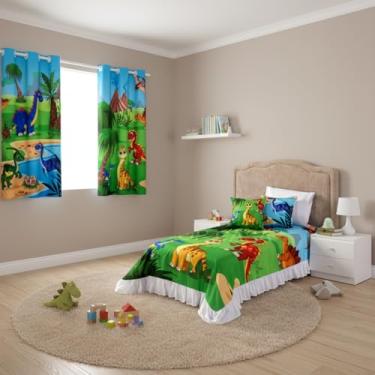 Imagem de Kit Cortina 2 Metros + Colcha Cobre Leite Infantil 07 Peças Para Quarto (VALE DOS DINOSSAUROS)