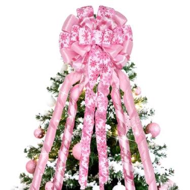 Imagem de Hagusahuo Arco de enfeite de árvore de Natal, laços rosa dourados de 140 x 33 cm para decoração de árvore de Natal, laço de Natal grande brilhante com floco de neve com fita longa, enfeites de Natal