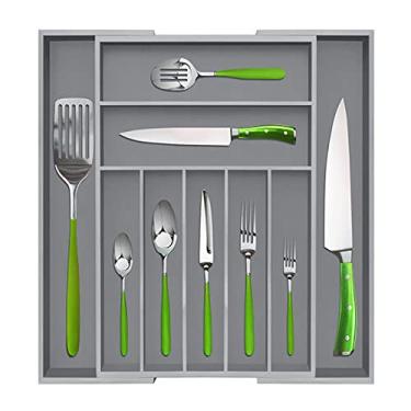Imagem de Organizador de gaveta de cozinha de bambu, bandeja expansível de talheres e caixa de inserção de gaveta, organizador de talheres para utensílios, talheres, maquiagem, facas e ferramentas, cinza, 34,3