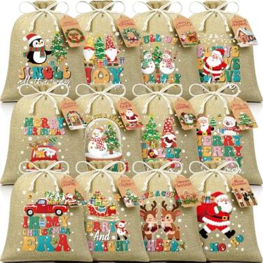 Imagem de 12 peças de sacos de presente de aniagem com cordão, sacos de presente de linho de Natal de 25 x 30 cm com etiquetas, sacos médios de serapilheira de Natal, sacos de presente de juta, sacos de
