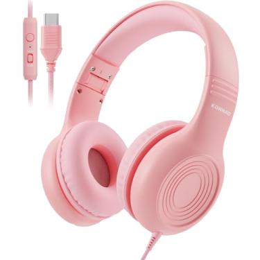 Imagem de KONNAO Fone de ouvido infantil USB tipo C atualizado, fones de ouvido com fio para crianças com microfone para meninos e meninas, ajustável 85dB/94dB volume limitado (rosa)