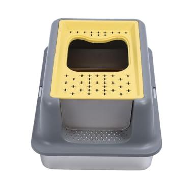Imagem de Acouto Caixa de Areia para Gatos de Aço Inoxidável Fechada - Design de Entrada Superior Lateral Com Alto Vazamento para Gatos Grandes Com Tampa Fácil (Cinza e Amarelo)