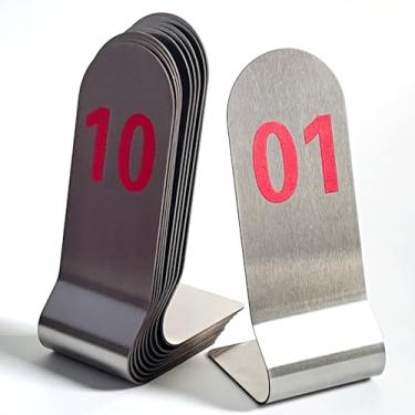 Imagem de SIWOT Cartões de lugar de aço inoxidável de 16/20 cm de altura, 10 pçs/conjunto de cartões de assento empilháveis de dupla face, números de mesa verticais, porta-cartões de metal (15 cm vermelho