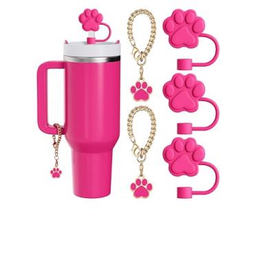 Imagem de Conjunto de 5 peças compatíveis com acessórios Stanley Cup, 3 protetores de canudo compatíveis com Stanley de 9 a 10 mm, 2 pingentes fofos de pata de cachorro para copo com alça (rosa choque)