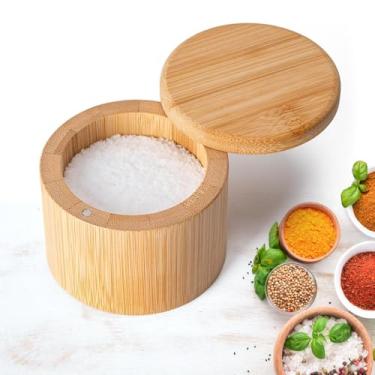 Imagem de Saleiro de bambu, caixa de sal com tampa magnética giratória, caixa de temperos com colher, recipiente de sal redondo para armazenar ervas de sal e pimenta e açúcar, capacidade de 170 g