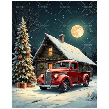 Imagem de Kit de pintura de caminhão de Natal por números para adultos - Caminhão vintage vermelho DIY com pintura de cabine em tela, conjunto de tinta acrílica, adequado para iniciantes, arte para decoração de