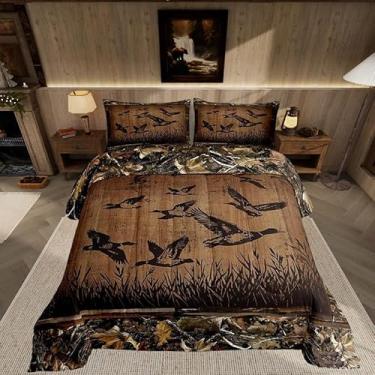 Imagem de Feelyou Jogo de cama solteiro com tema de caça e pesca, crianças, pato selvagem, decoração de quarto, cabana de fazenda, edredom vintage com 1 fronha