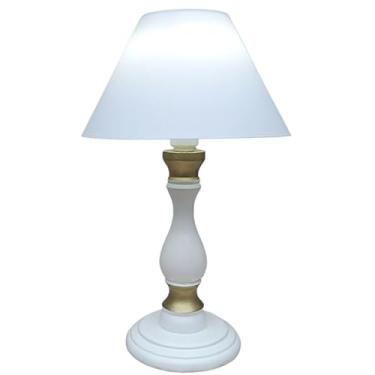 Imagem de Abajur de Mesa com Base de Madeira | Iluminação Suave para Cabeceira de Cama e Criado-Mudo – Decoração Moderna para Quarto e Escritório (Base Branca C detalhe dourado)