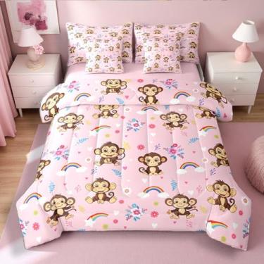 Imagem de Erosebridal Jogo de cama solteiro com estampa de macaco kawaii, flores fofas, florais, animais selvagens, plantas selvagens, para crianças, meninas, mulheres, lençol com elástico, lençol de cima