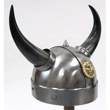 Imagem de Reprodução autêntica de aço Viking Warrior HelmetHorns e acabamento em latão