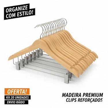 Imagem de Cabide Madeira Marfim 20 Unidades Presilha Atacado Fukuyama - METAL20A