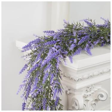 Imagem de DDHS Guirlanda de lavanda, guirlandas de flores roxas artificiais de verão para manto durante todo o ano, guirlandas de lavanda sintética para uso ao ar livre, interior, quinta, arco de casamento