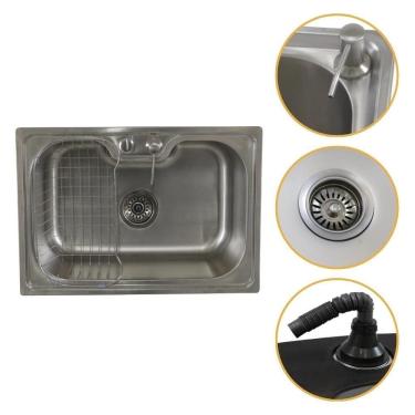 Imagem de Cuba De Cozinha 60x42 Aço Inox 304 Com Kit Completo Dispenser Válvula E Cesto Aramado